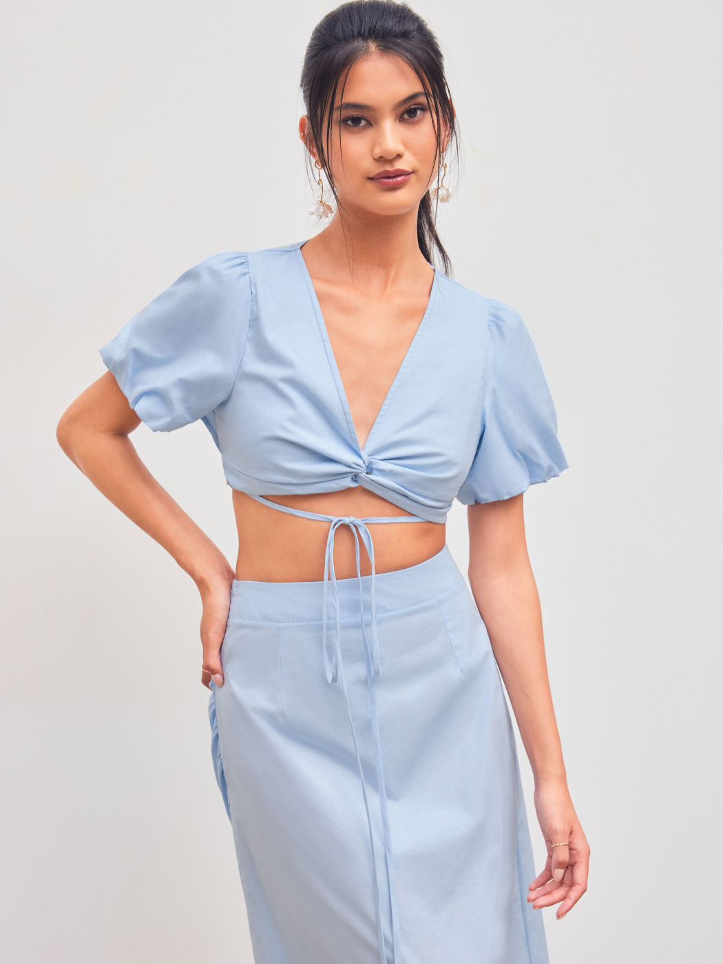 V-neck Solid Twist Knotted Crop Top With High Rise Split Maxi Skirt