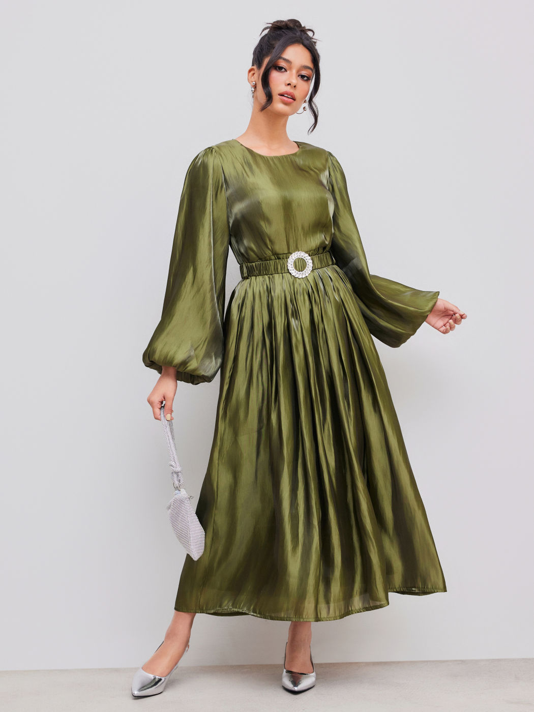 Satin Round Neckline Solid Maxi Dress With Belt