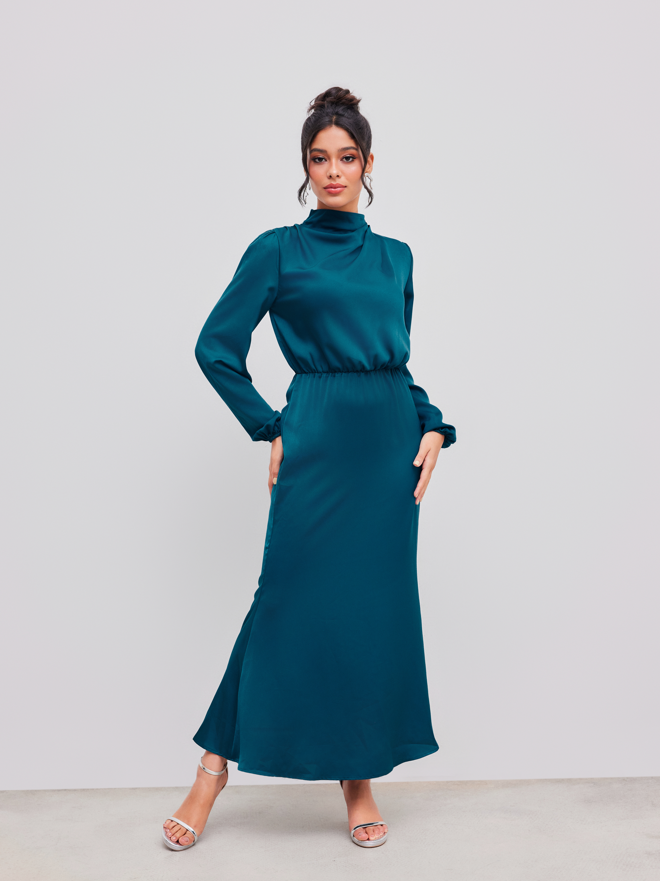 【Eaphi】standcollar volume midi coat Woven Stand Collar Solid Ruched Long Sleeve Maxi Dress For