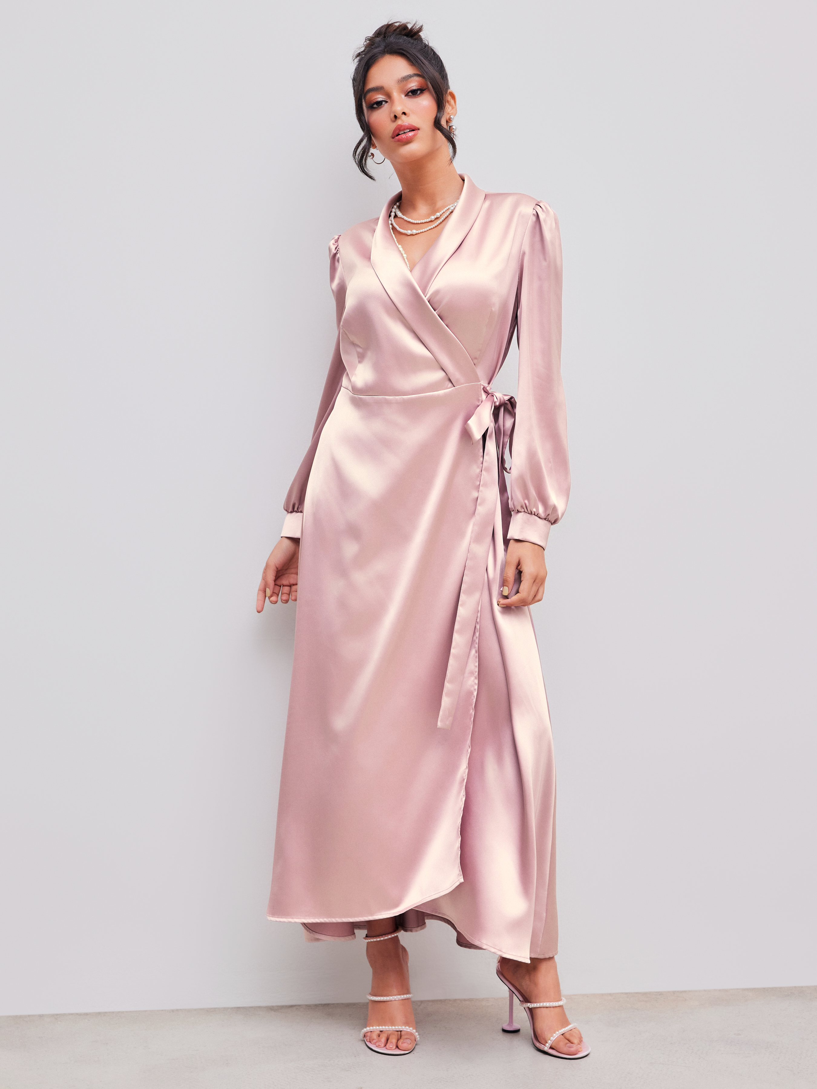 Satin Satin V neck Solid Knotted Maxi Dress For Daily Casual