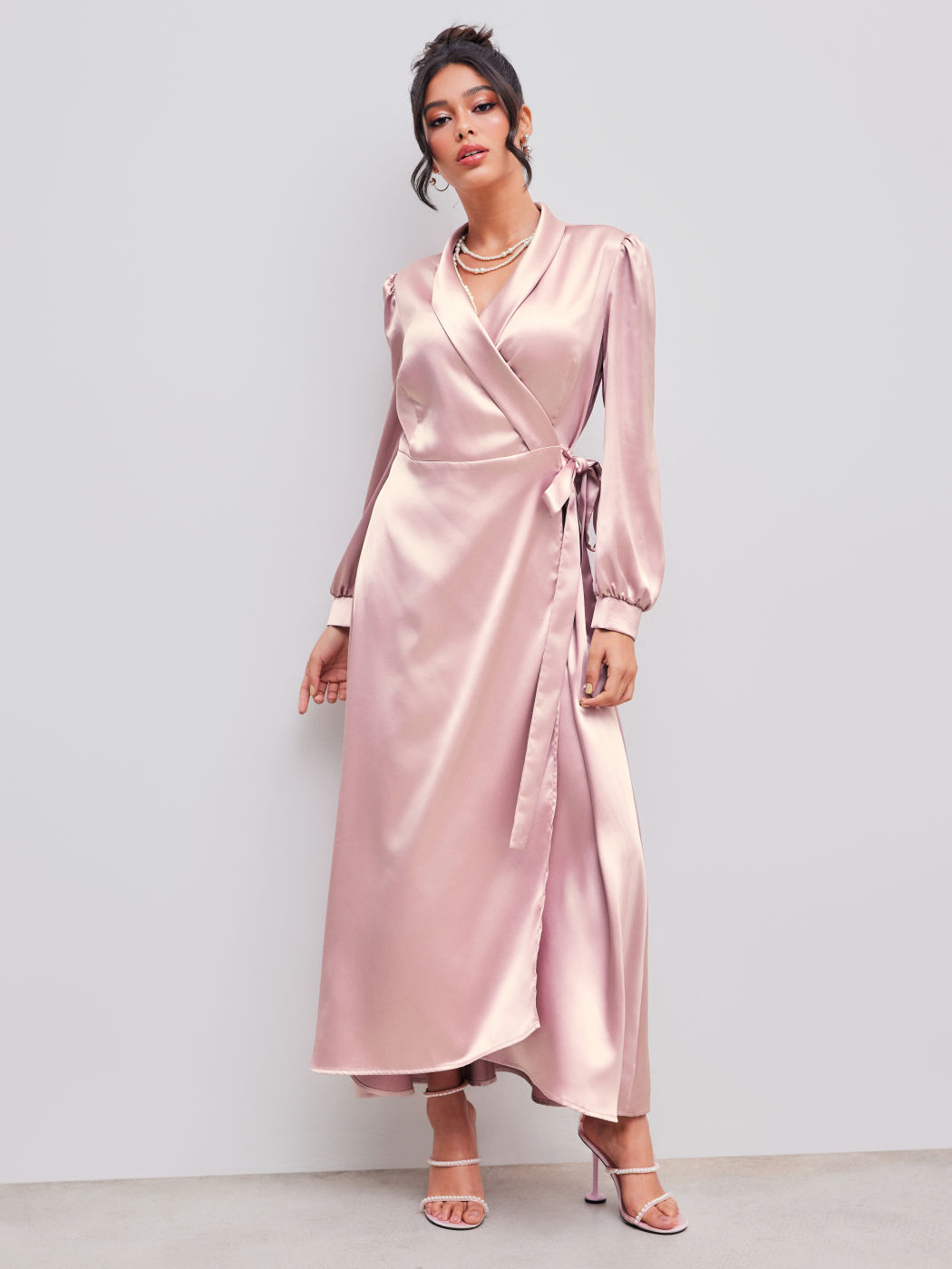 Satin V-neck Solid Knotted Maxi Dress