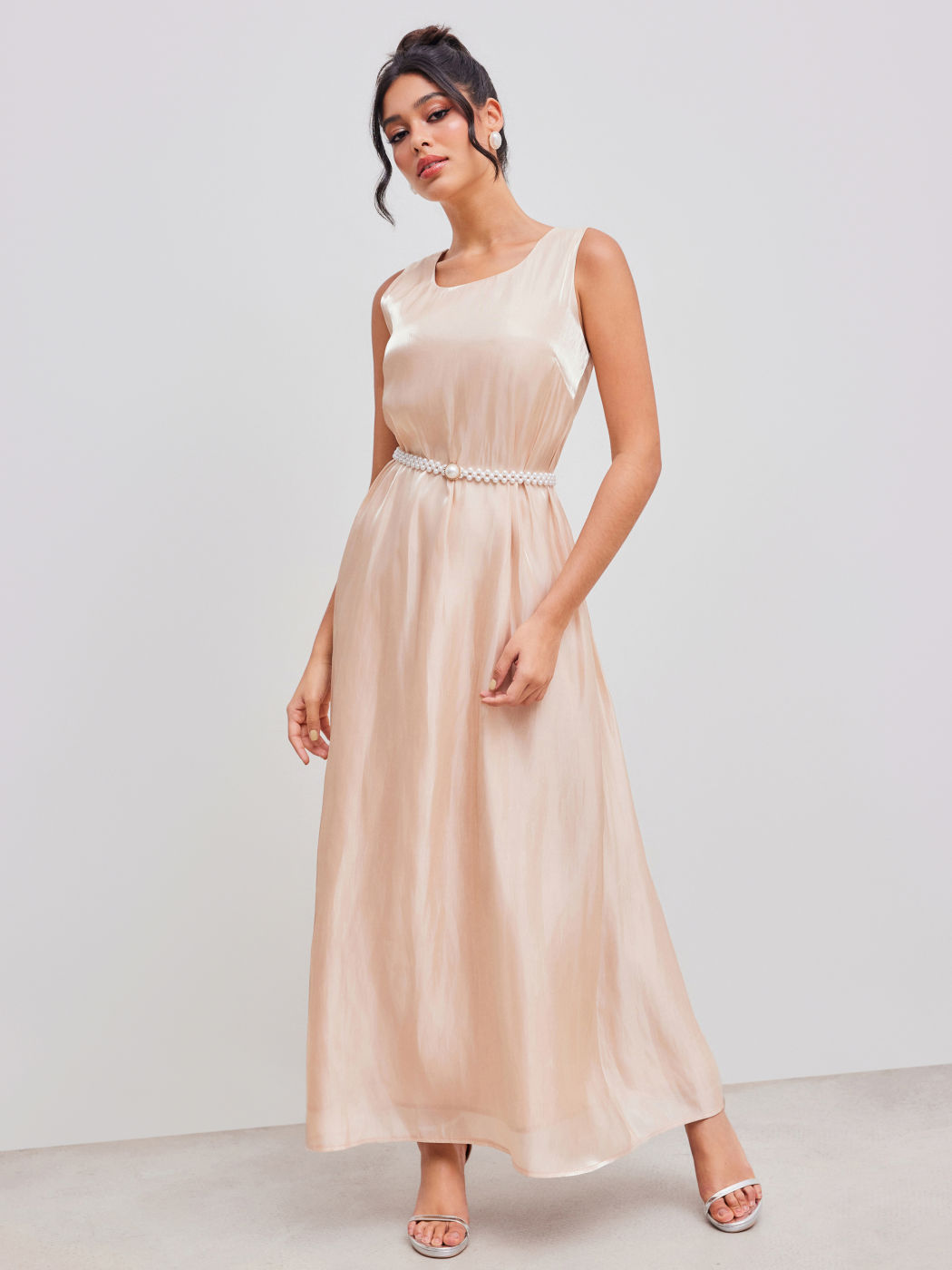 U-neckline Satin Solid Maxi Dress With Pearl Belt