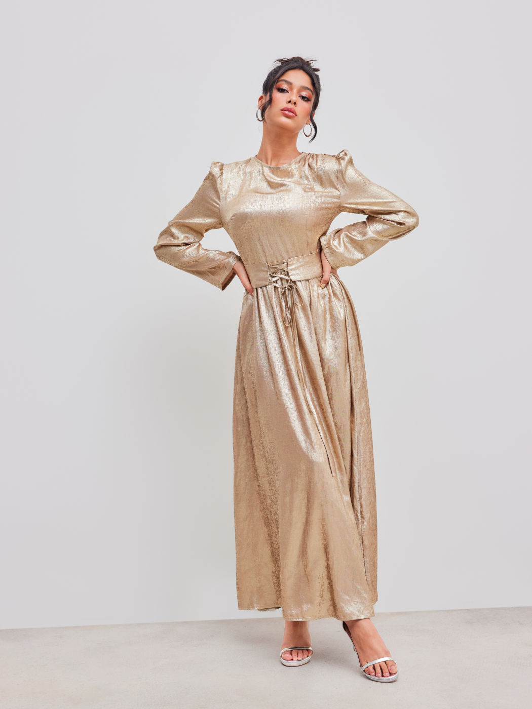 Round Neckline Solid Lace Up Maxi Dress