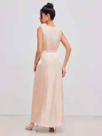 U-Ausschnitt Satin Einfarbig Maxikleid Mit Perlengürtel