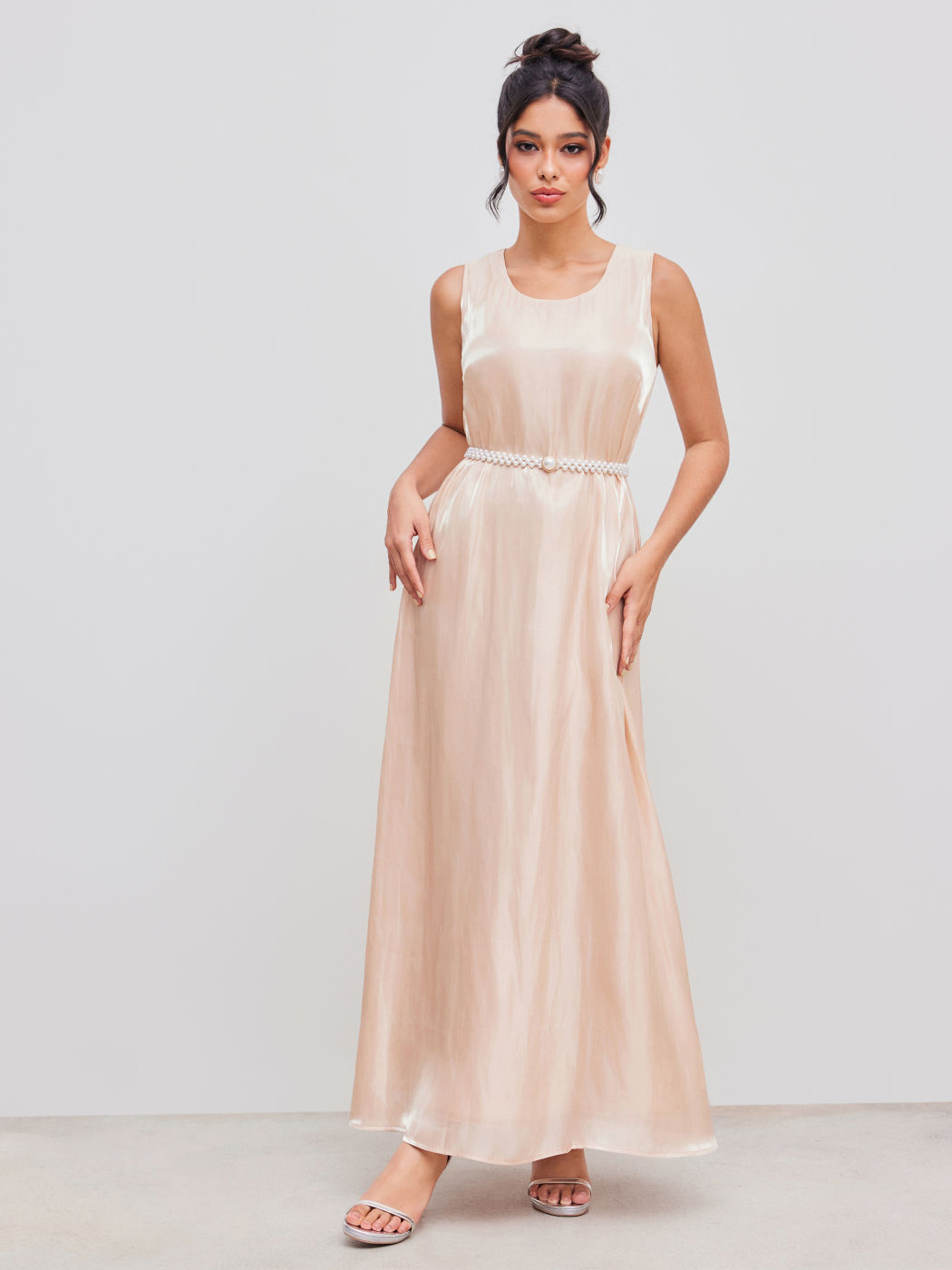 U-neckline Satin Solid Maxi Dress With Pearl Belt