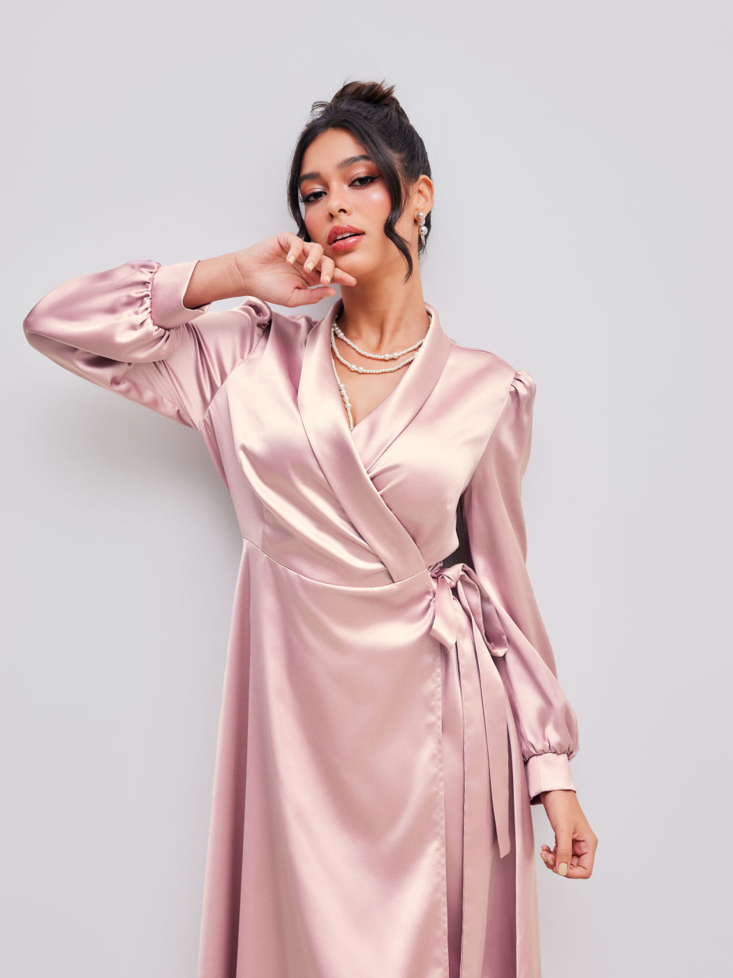Satin V-neck Solid Knotted Maxi Dress