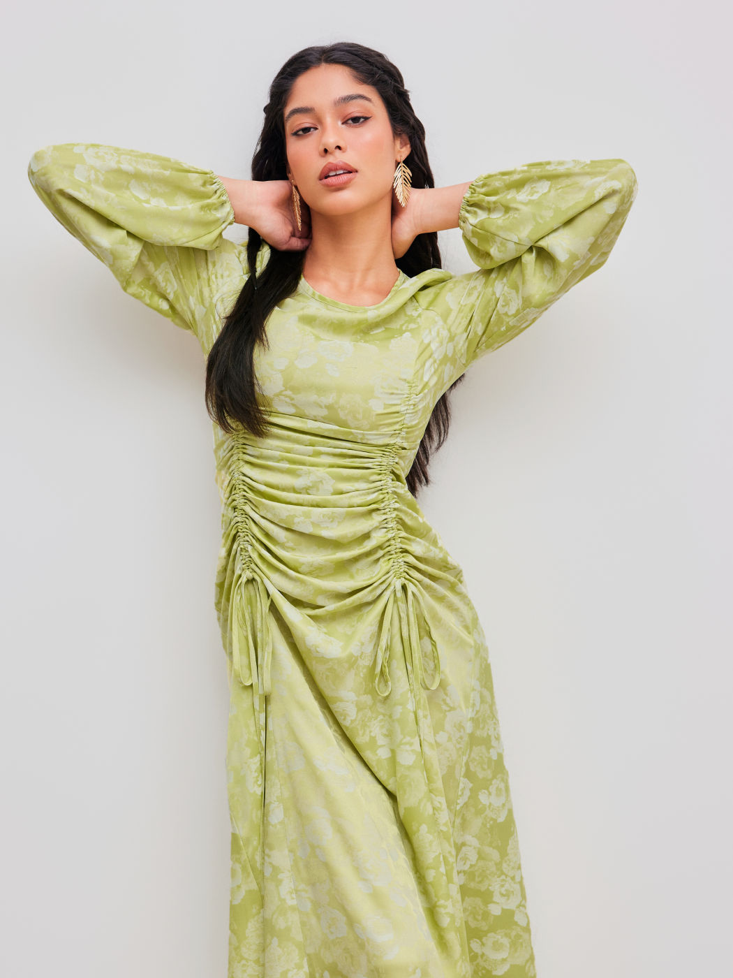 Round Neckline Floral Drawstring Long Sleeve Maxi Dress