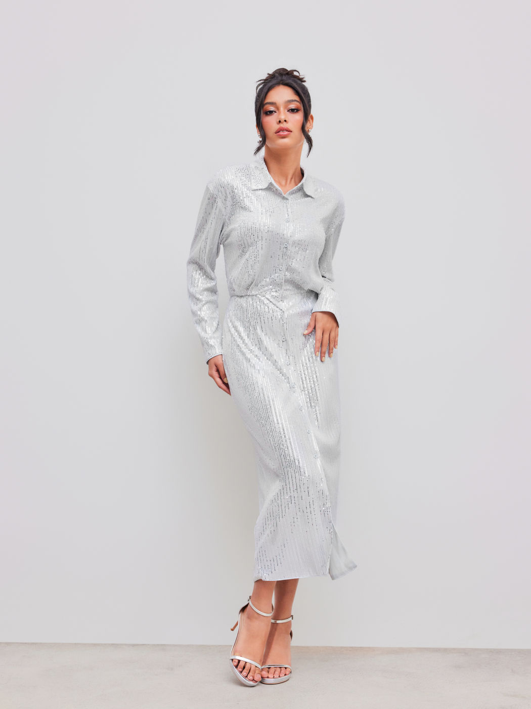 Sequin Polo Button Long Sleeve Maxi Dress