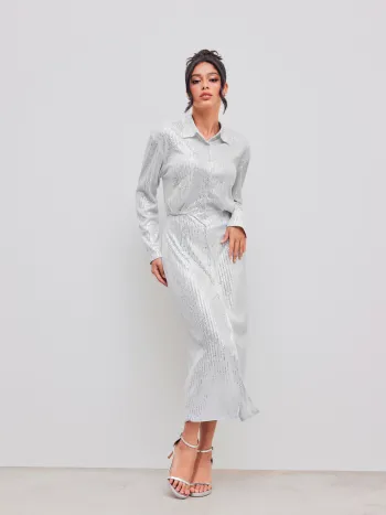 Sequin Polo Button Long Sleeve Maxi Dress
