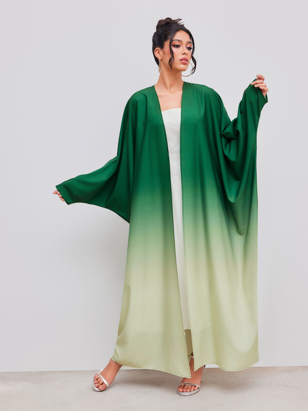 V-neck Gradient Dolman Sleeve Ruffle Maxi Dress