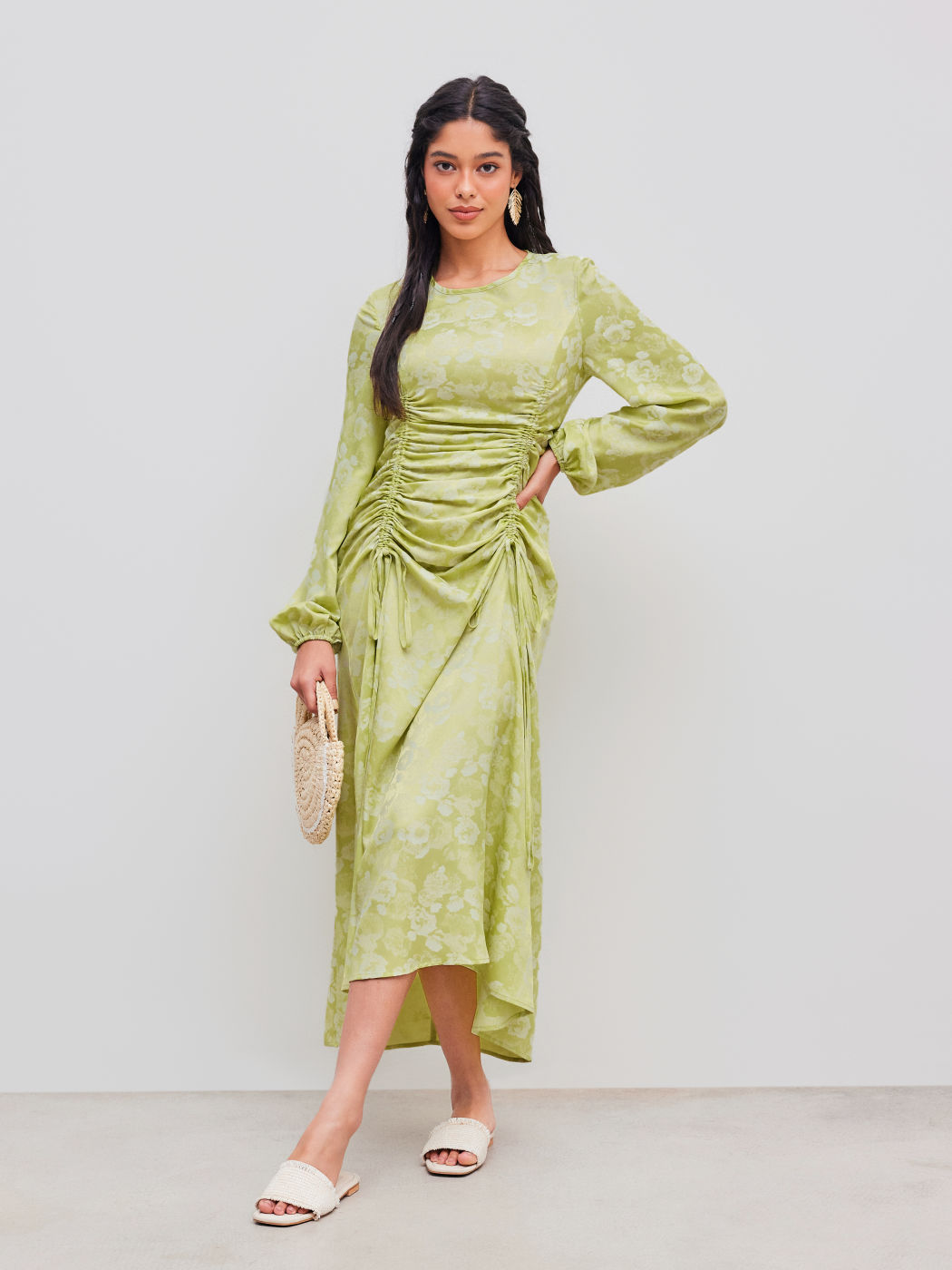 Round Neckline Floral Drawstring Long Sleeve Maxi Dress