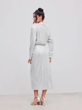 Sequin Polo Button Long Sleeve Maxi Dress