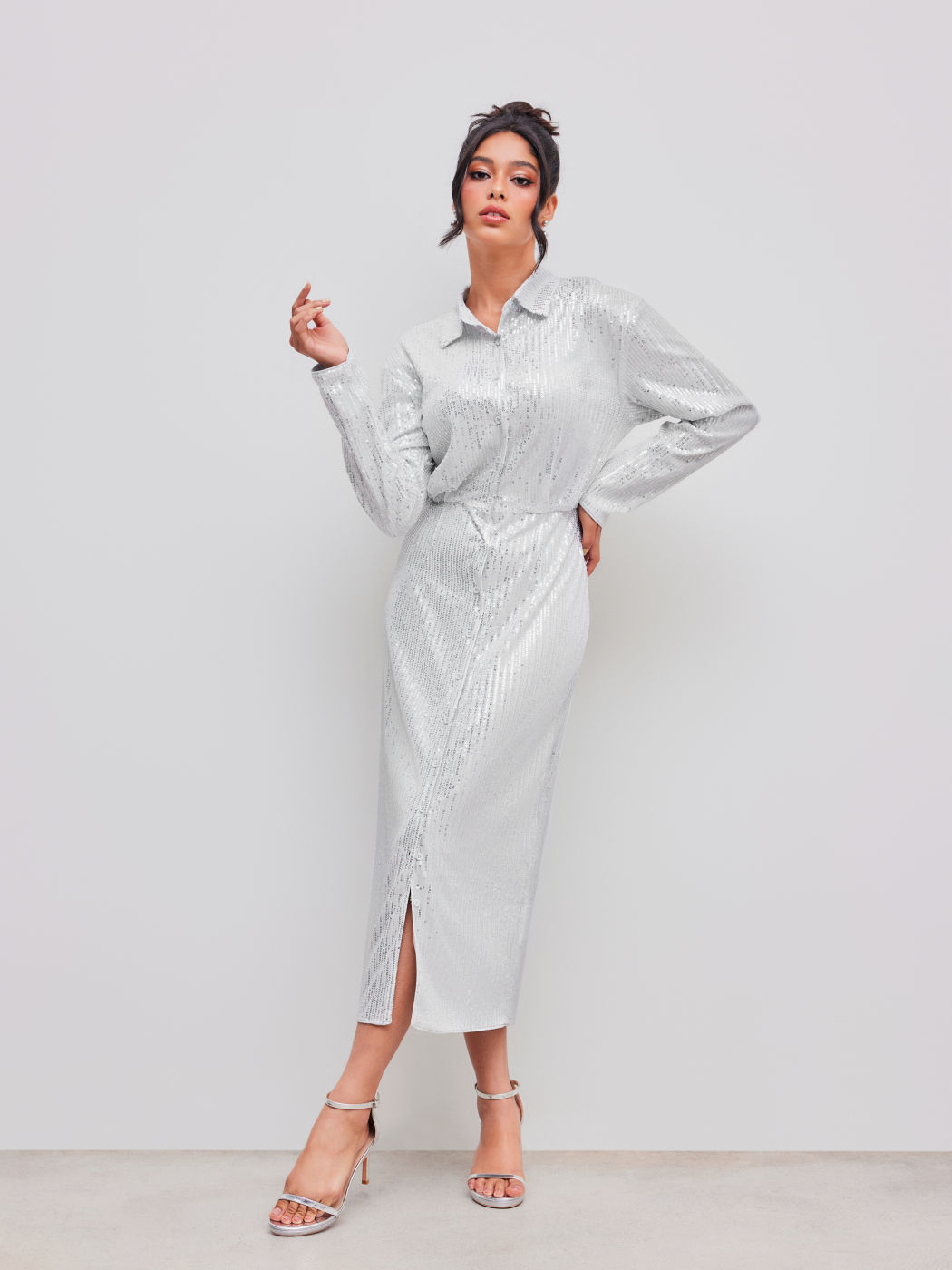 Sequin Polo Button Long Sleeve Maxi Dress