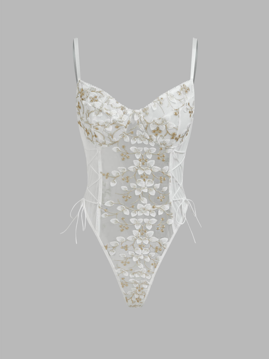 Mesh V-neck Floral Lace Up See-through Bodysuit