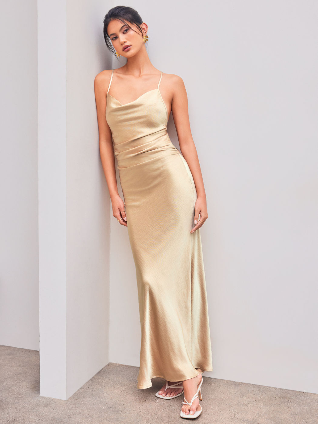 Satin Cowl Neck Criss Cross Ruched Maxi Dress