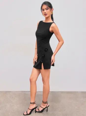 Boat Neck Floral Split Mini Dress