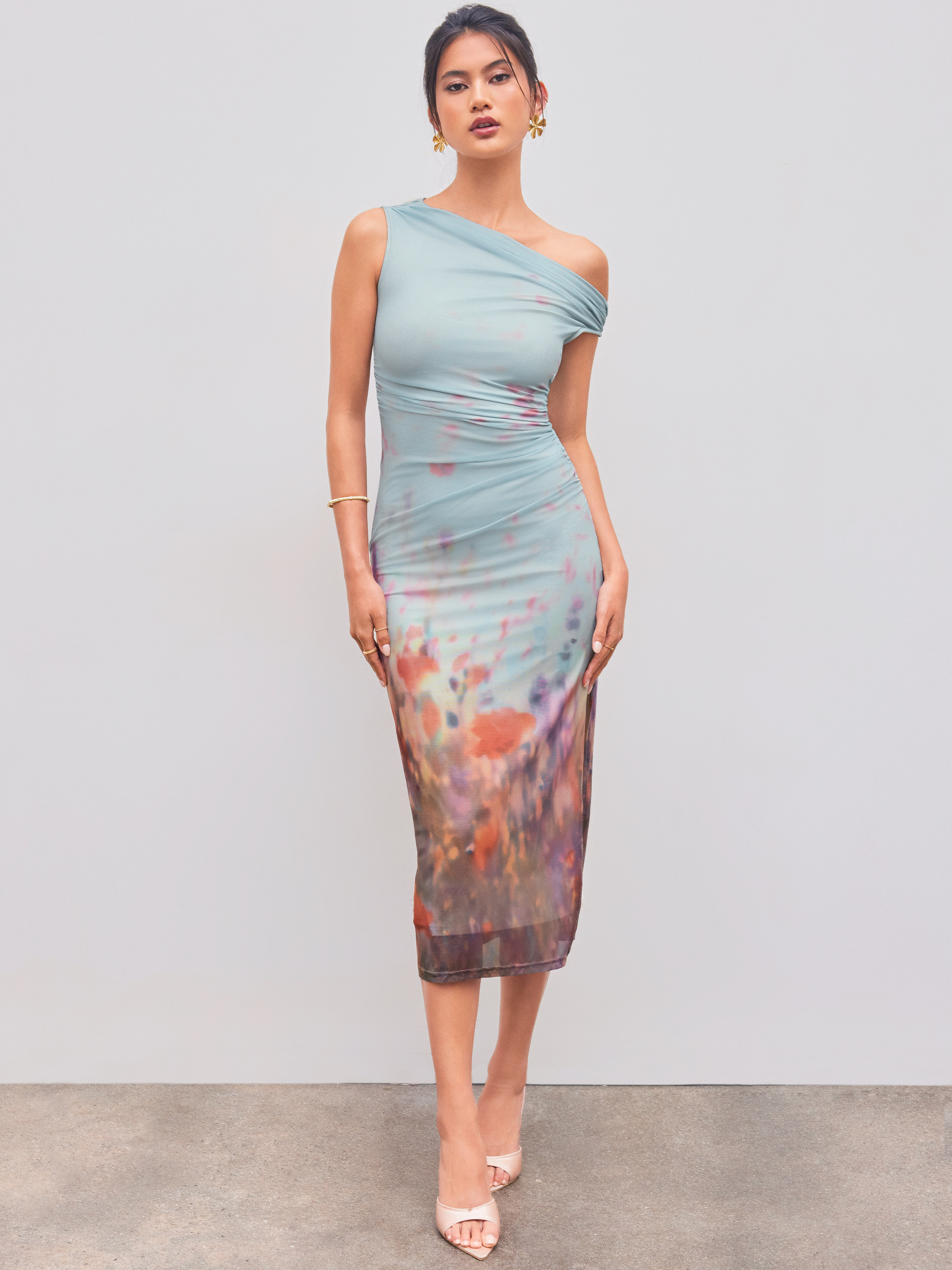 Mesh Mesh Asymmetrical Neck Tie Dye Floral Maxi Dress For