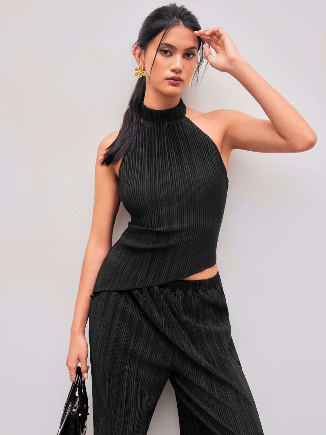 Stand Collar Solid Asymmetrical Hem Top With Mid Rise Wide Leg Trousers