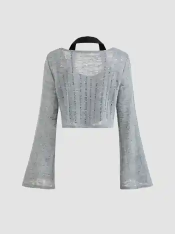  Distressed Bell Sleeve Crop Top & Halter Top