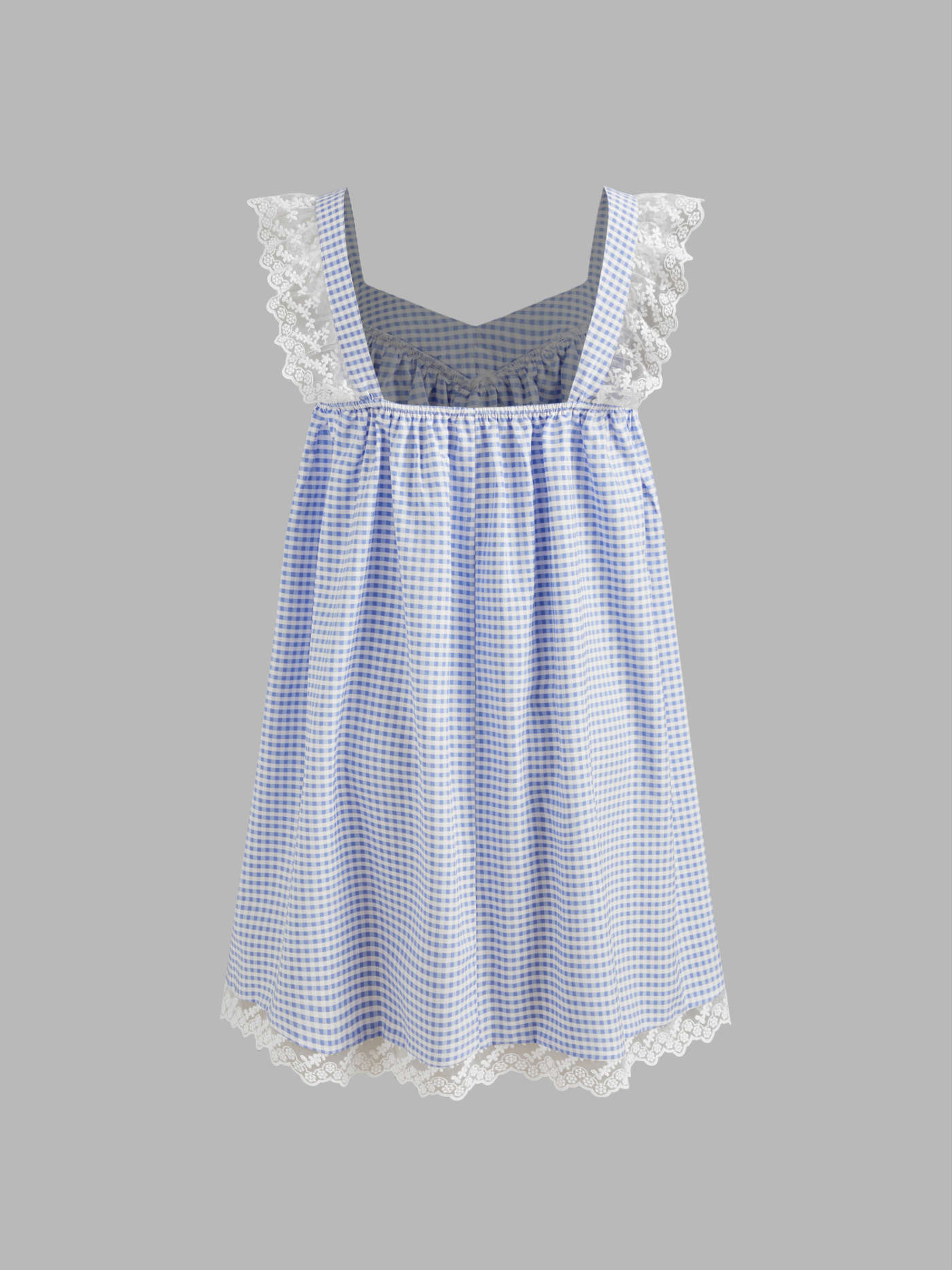 Sweetheart Gingham Lace Trim Babydoll Knotted Mini Dress
