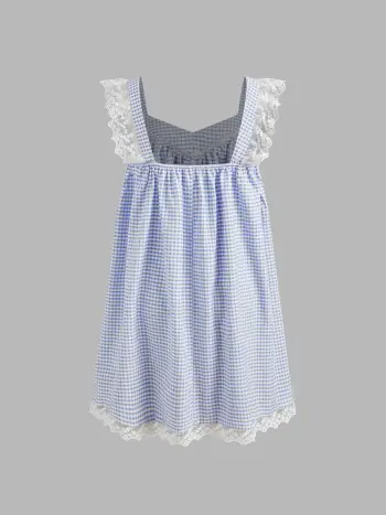 Süßer Gingham-Laken-Rand-Babydoll-Knoten-Minikleid