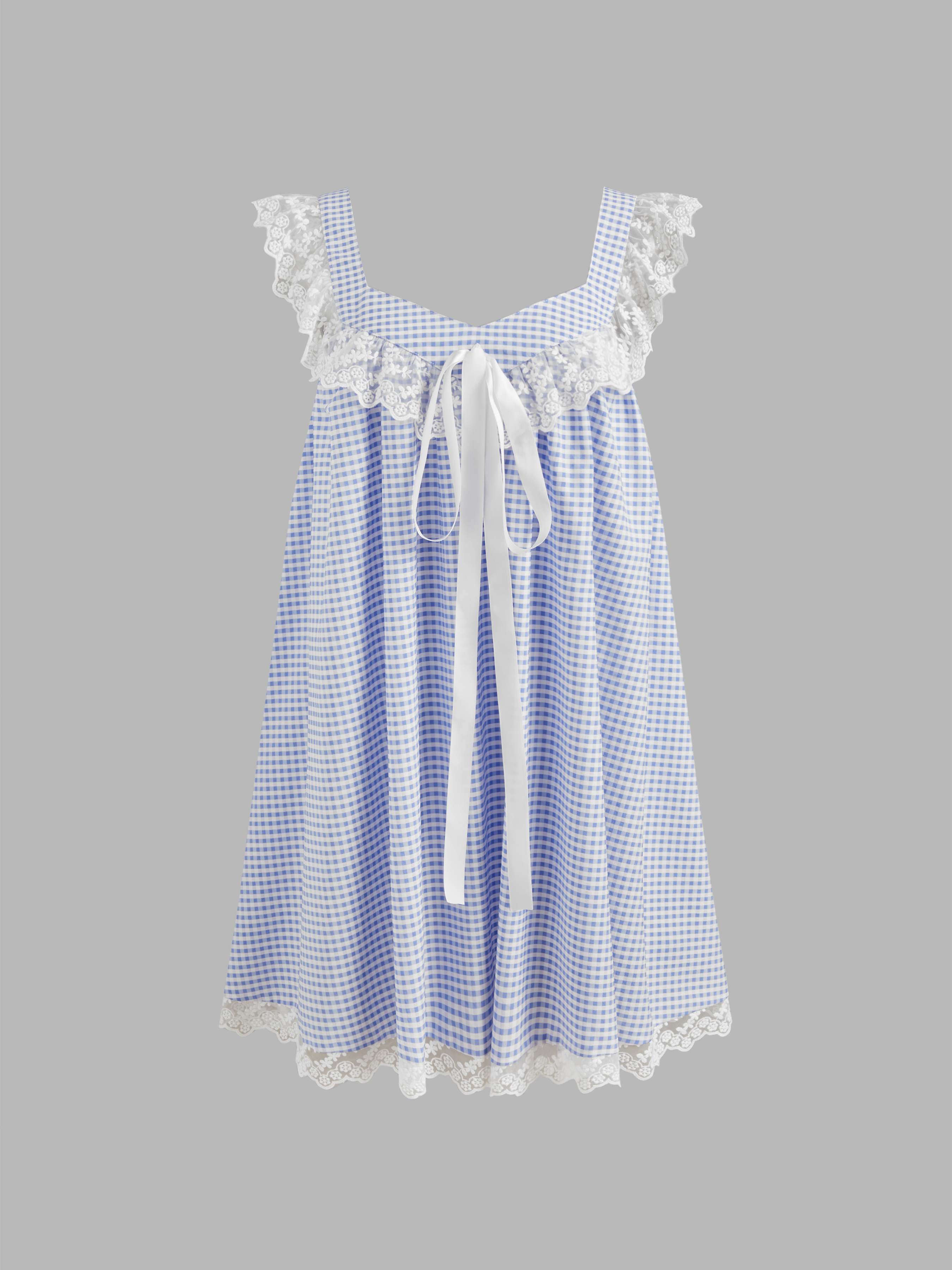 Robe vichy Robe de pique-nique Tissé Sweetheart Gingham Lace Trim Babydoll Knotted Mini Dress For Décontracté quotidien