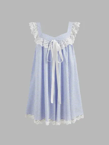 Süßer Gingham-Babydoll-Mini-Kleid mit Spitzenrand und Knoten