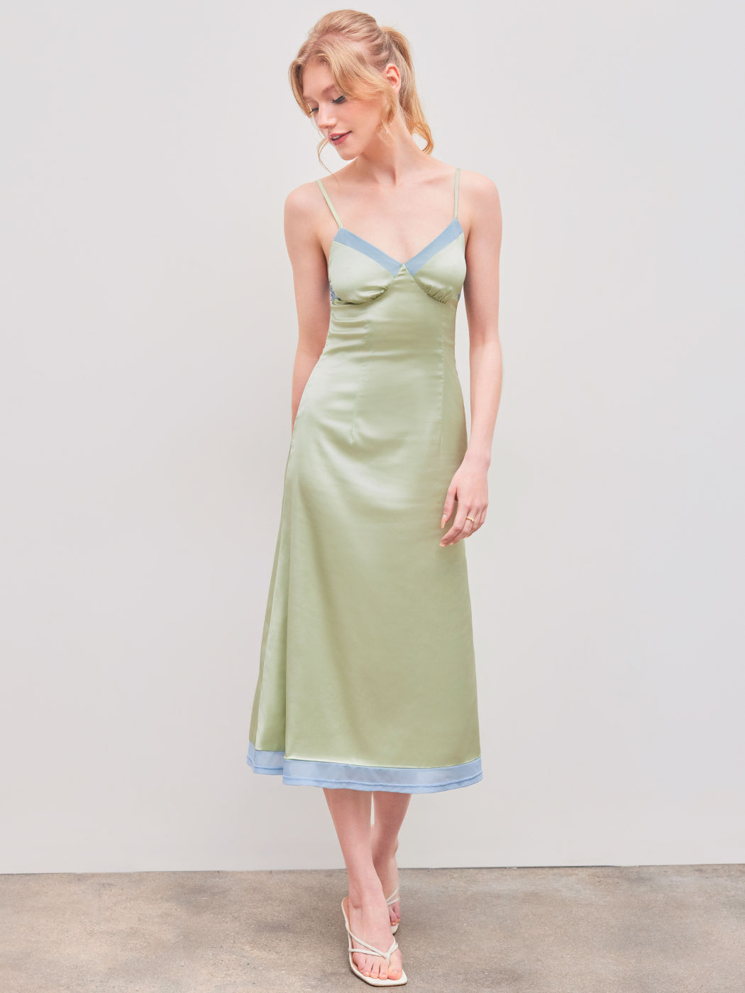 Satin V-neck Contrasting Binding Midi Dress