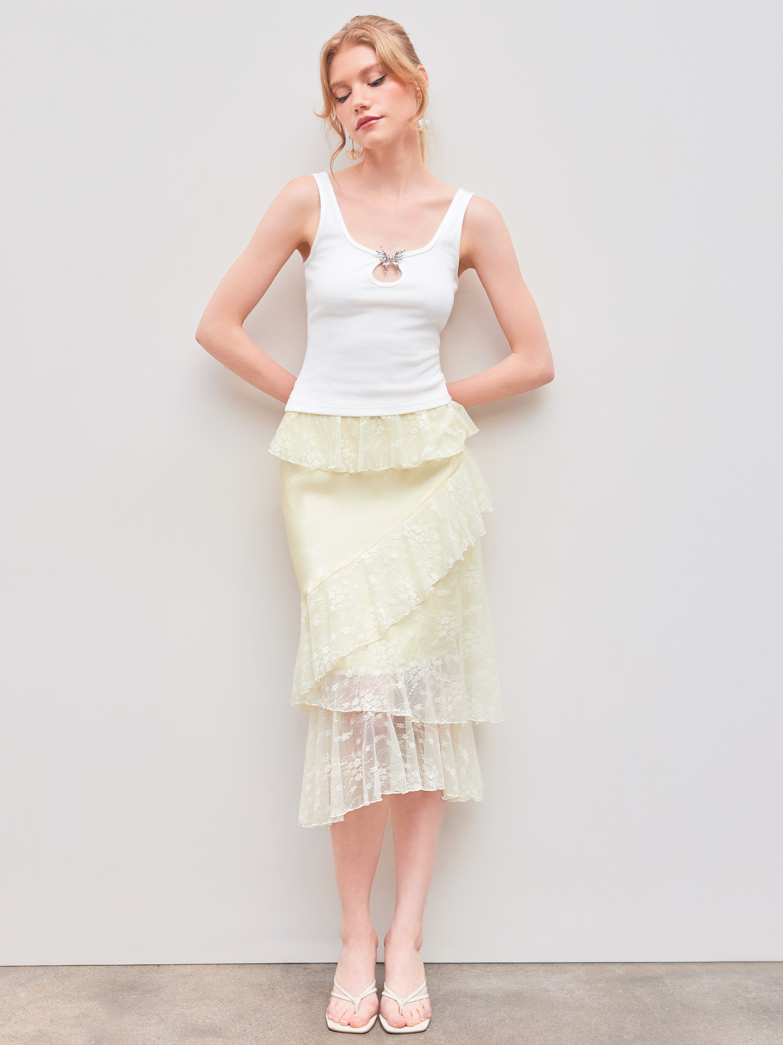 Lace Lace Mid Rise Layered Maxi Skirt For Date