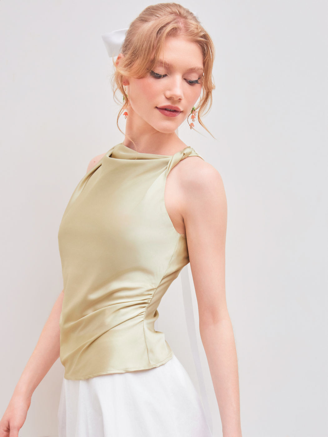 Satin Boat Neck Solid Ruched Tank Top