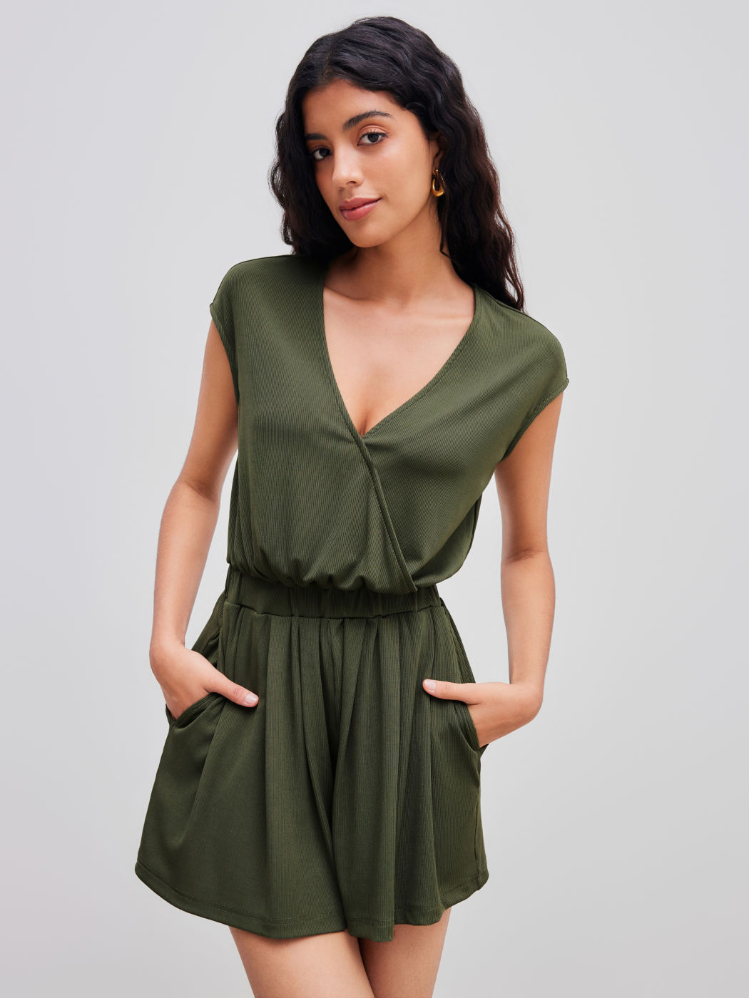 V-neck Solid Ruffle Romper