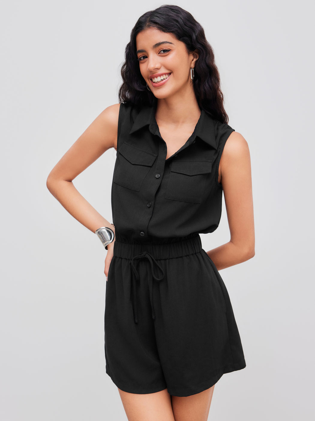 Collar Solid Button Pocket Knotted Romper