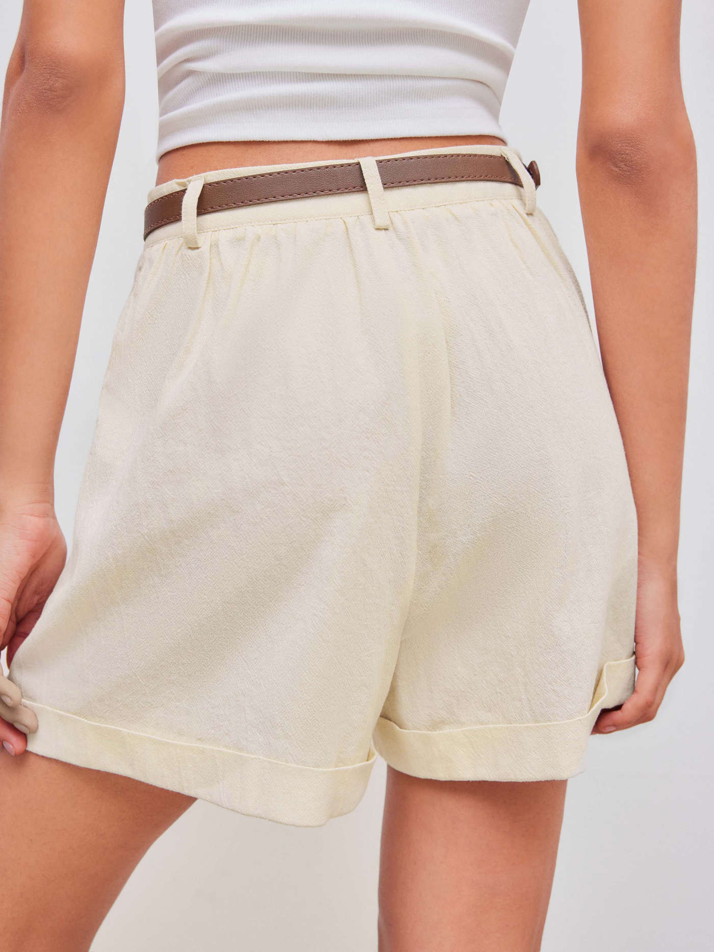 Woven Cotton 100% Cotton Woven Mid Rise Solid Roll Hem Pocket Shorts With Belt For Work