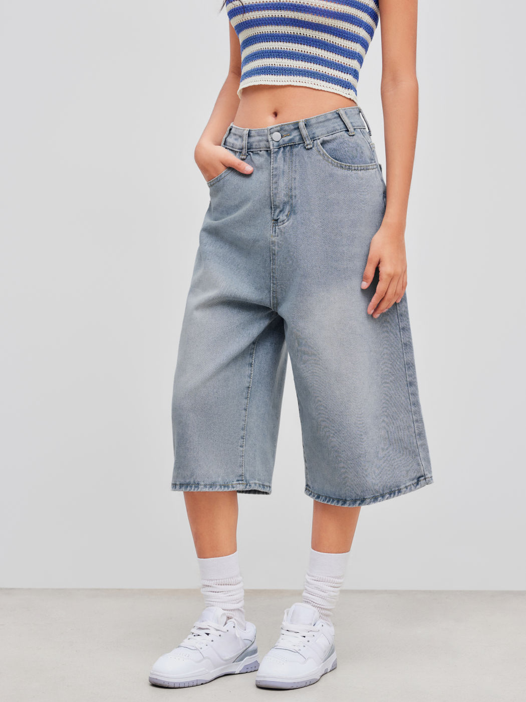  Denim Mid Rise Einfarbig Tasche Weite Bein Bermuda Shorts