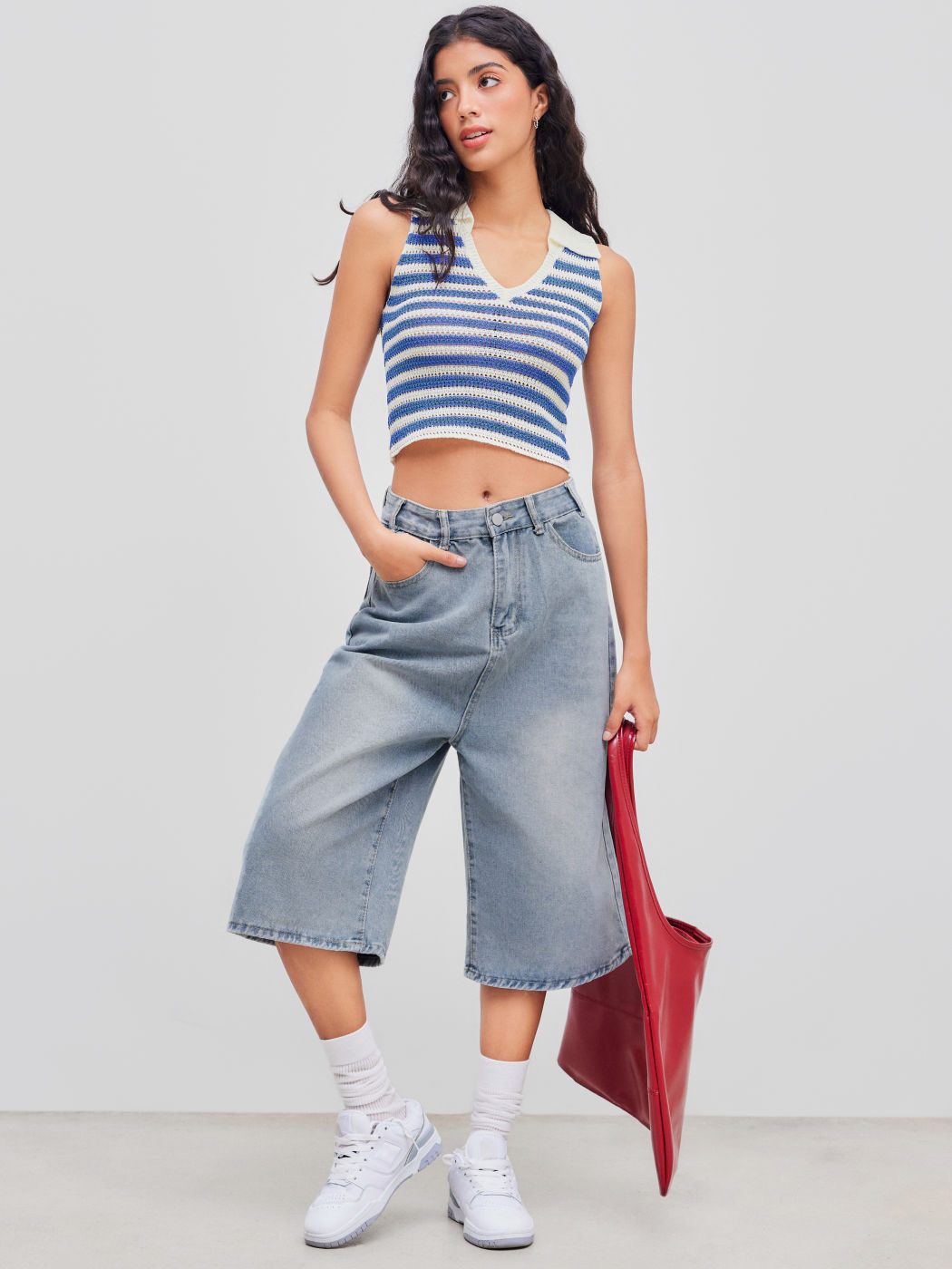  Denim Mid Rise Einfarbig Tasche Weite Bein Bermuda Shorts