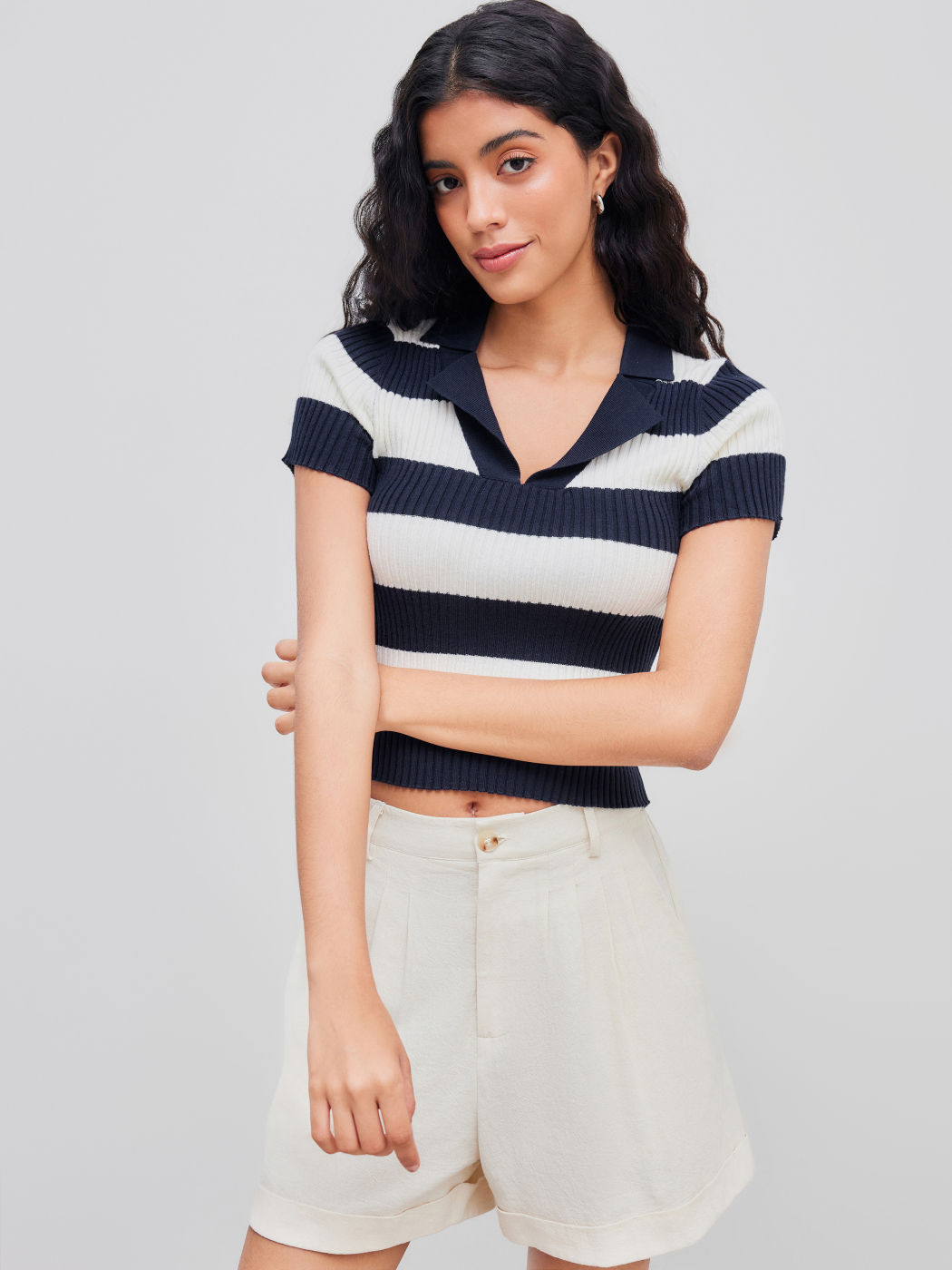 Knit Polo Striped Short Sleeve Top