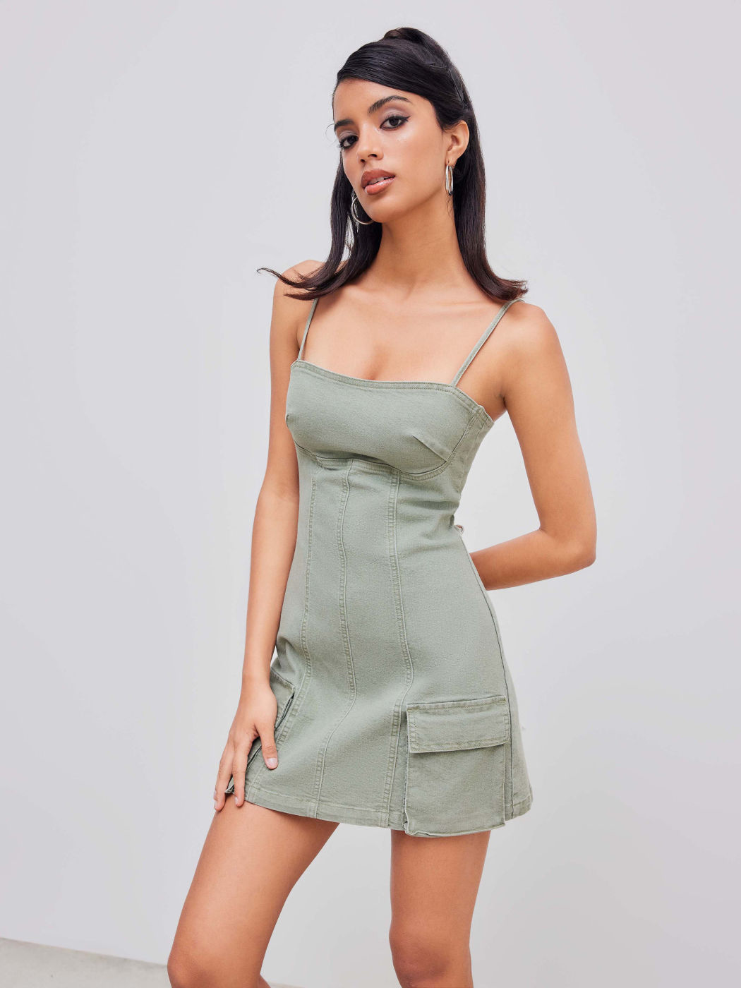 Stretch Denim Solid Pocket Cami Mini Dress