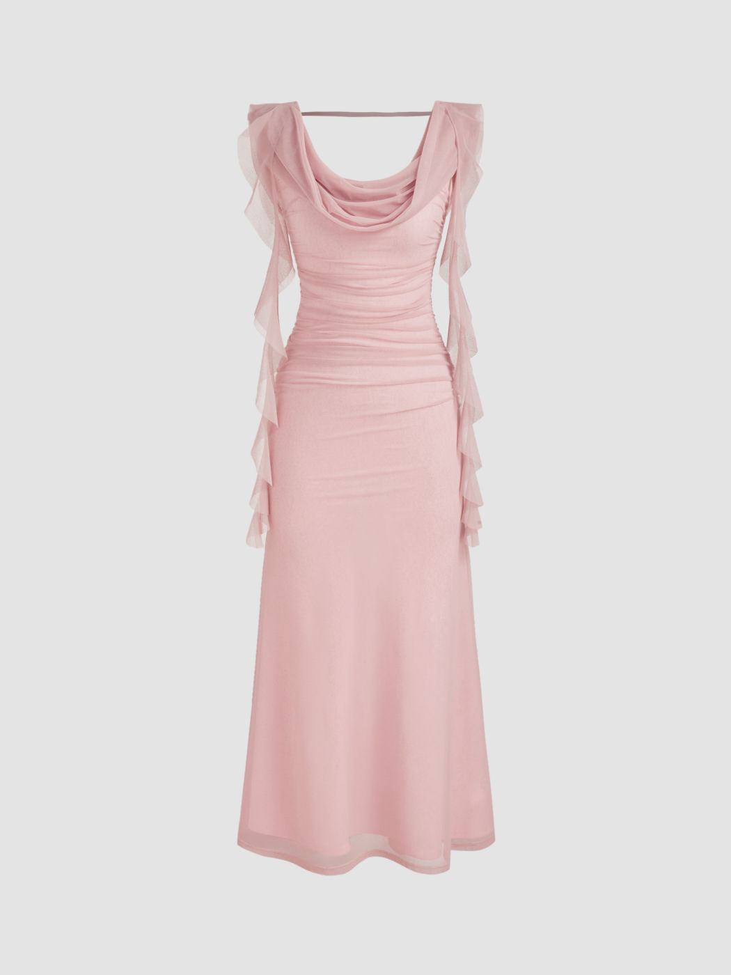 Maxikleid mit Kragenhals, einfarbigem Stoff, Rüschensaum und Knopfleisten