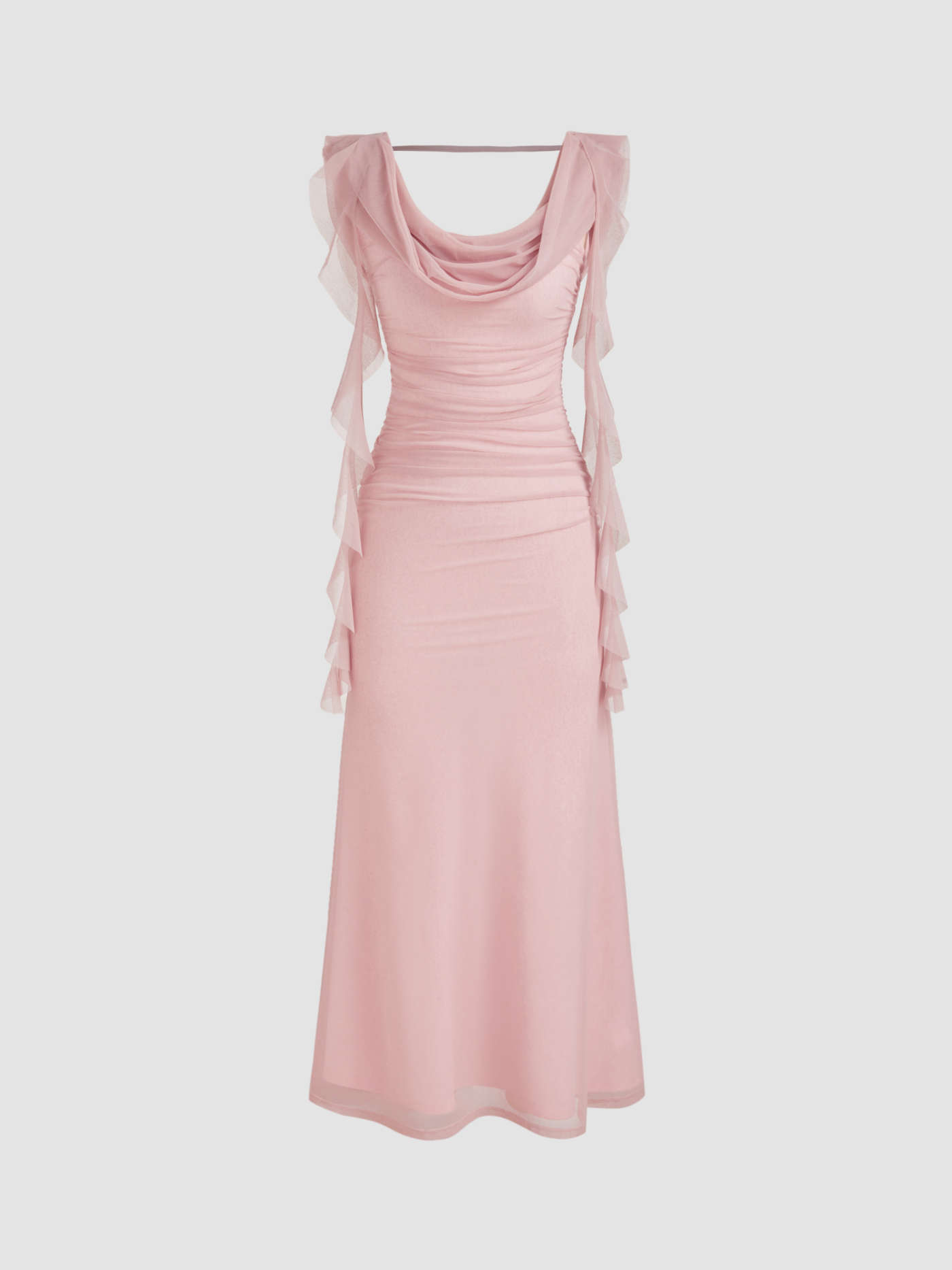 Cowl Neck Solid Ruffle Hem Ruched Maxi Dress