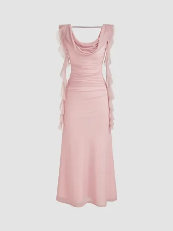 Cowl Neck Solid Ruffle Hem Ruched Maxi Dress