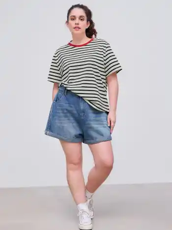 Rundhals Gestreiftes Kontrastierendes Einfassung Kurzarm T-Shirt Kurve & Plus