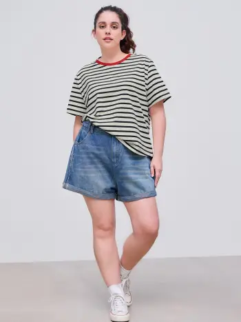Collo rotondo a righe a contrasto Tee a manica corta Curve & Plus
