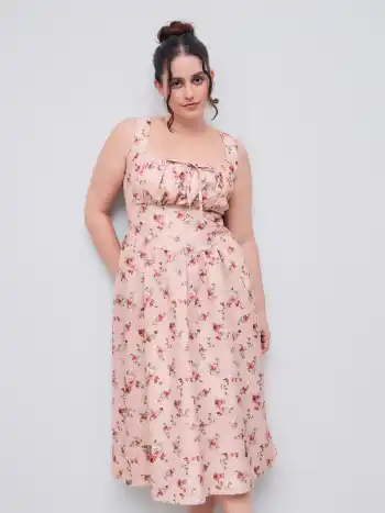 Robe mi-longue corset à fleurs à encolure carrée nouée Curve & Plus