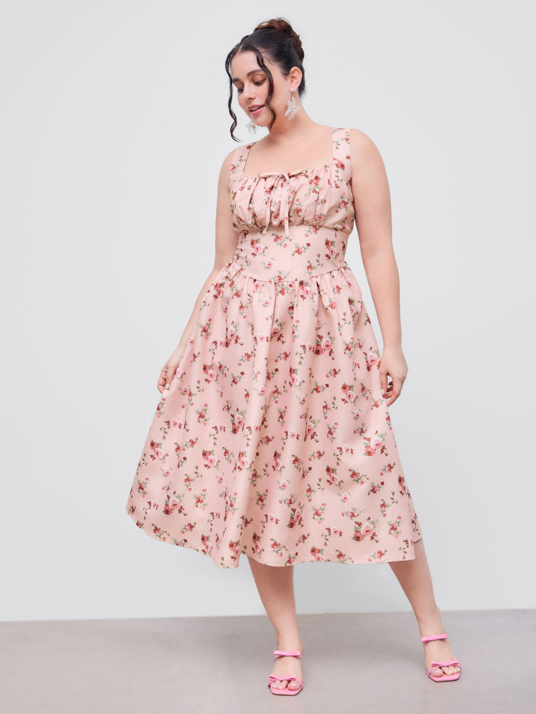 Woven Square Neck Floral Corset Knotted Ruffle Midi Dress Curve & Plus