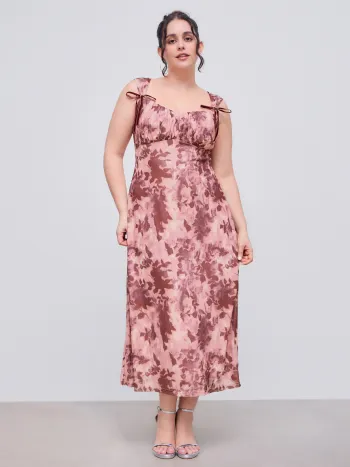  Mesh Square Neck Floral Bowknot Midi Dress Curve & Plus