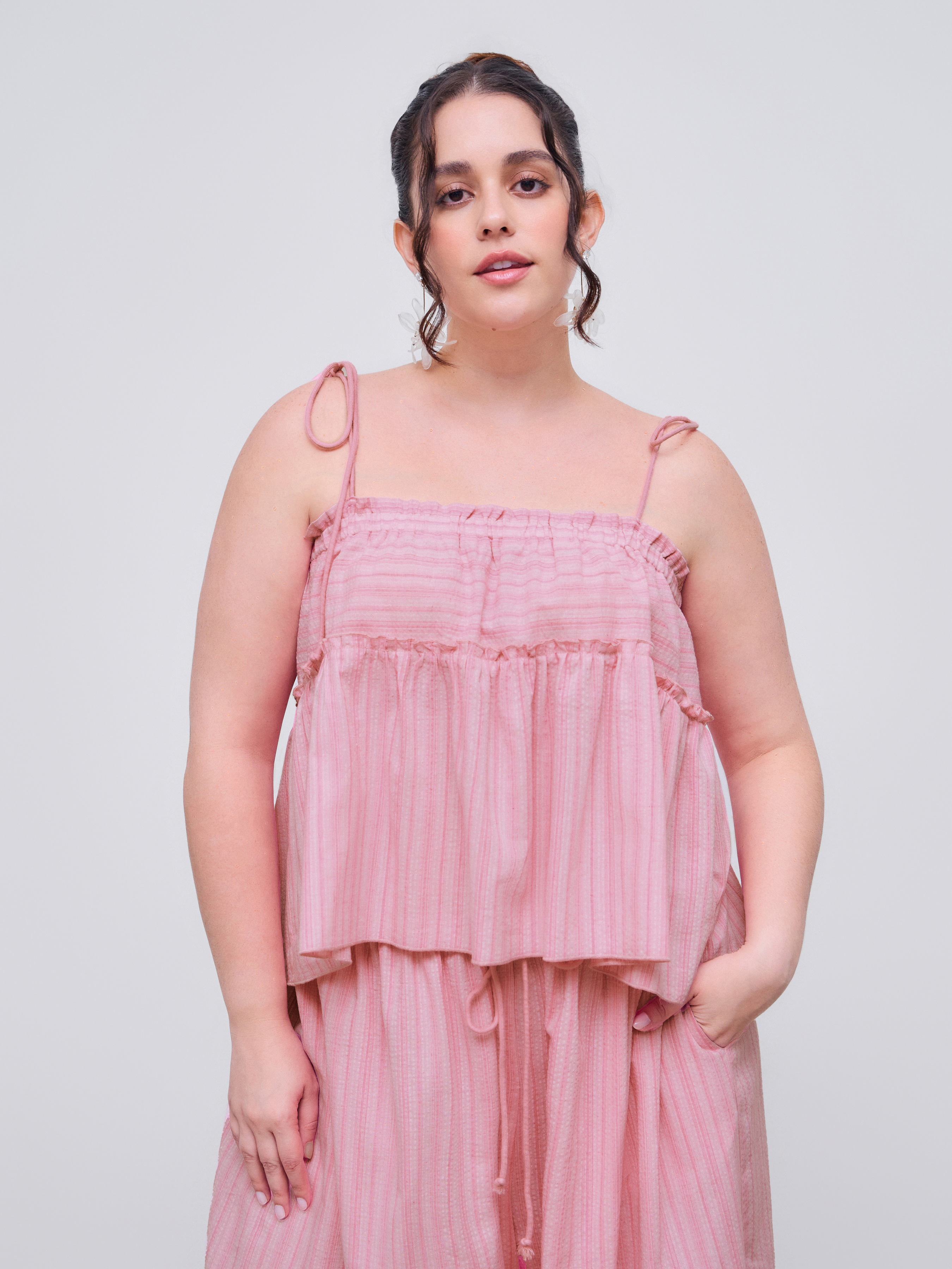 Woven Cotton Cotton-blend Square Neck Striped Lettuce Trim Knotted Cami ...