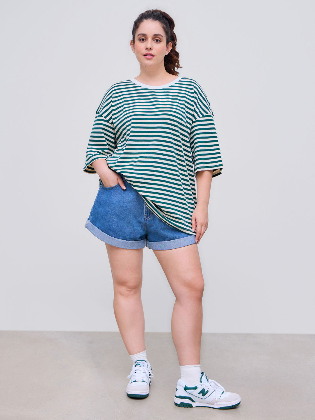Cotton-blend Round Neckline Striped Short Sleeve Tee Curve & Plus
