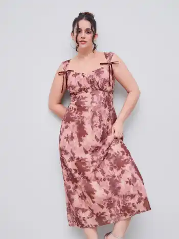  Mesh Square Neck Floral Bowknot Midi Dress Curve & Plus