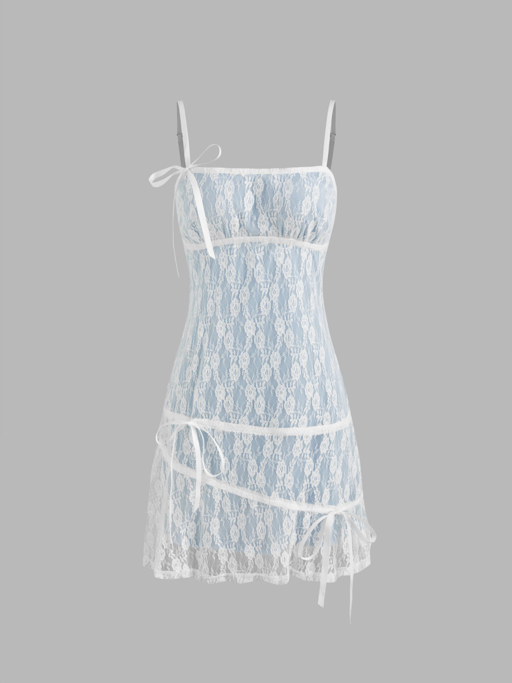 Spitzen-Minikleid mit eckigem Ausschnitt und Schleife in Unifarbe