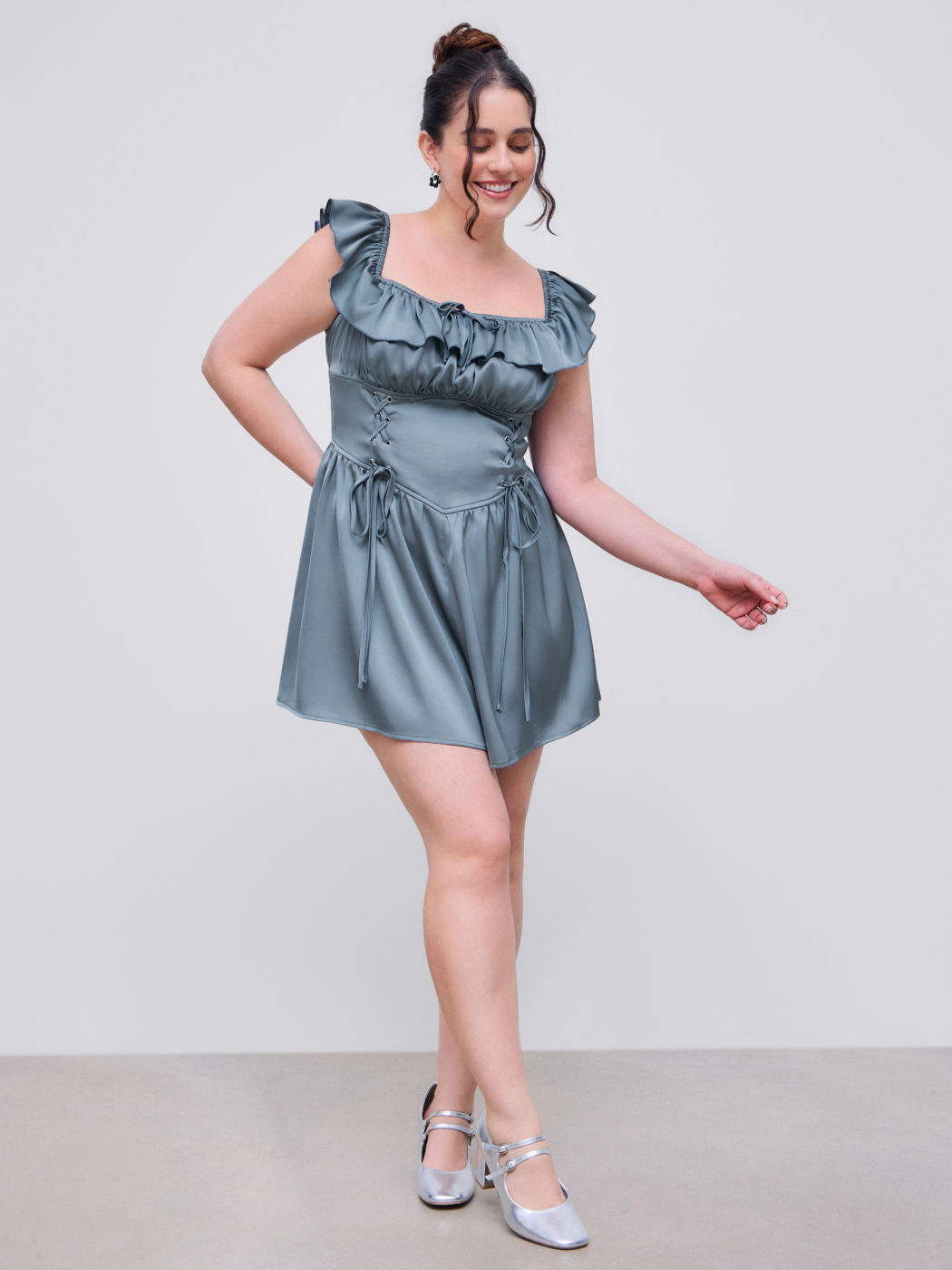 Satin U-neckline Lace Up Lettuce Trim Romper Curve & Plus